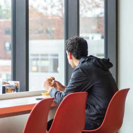 A student looks out a window in the Commons